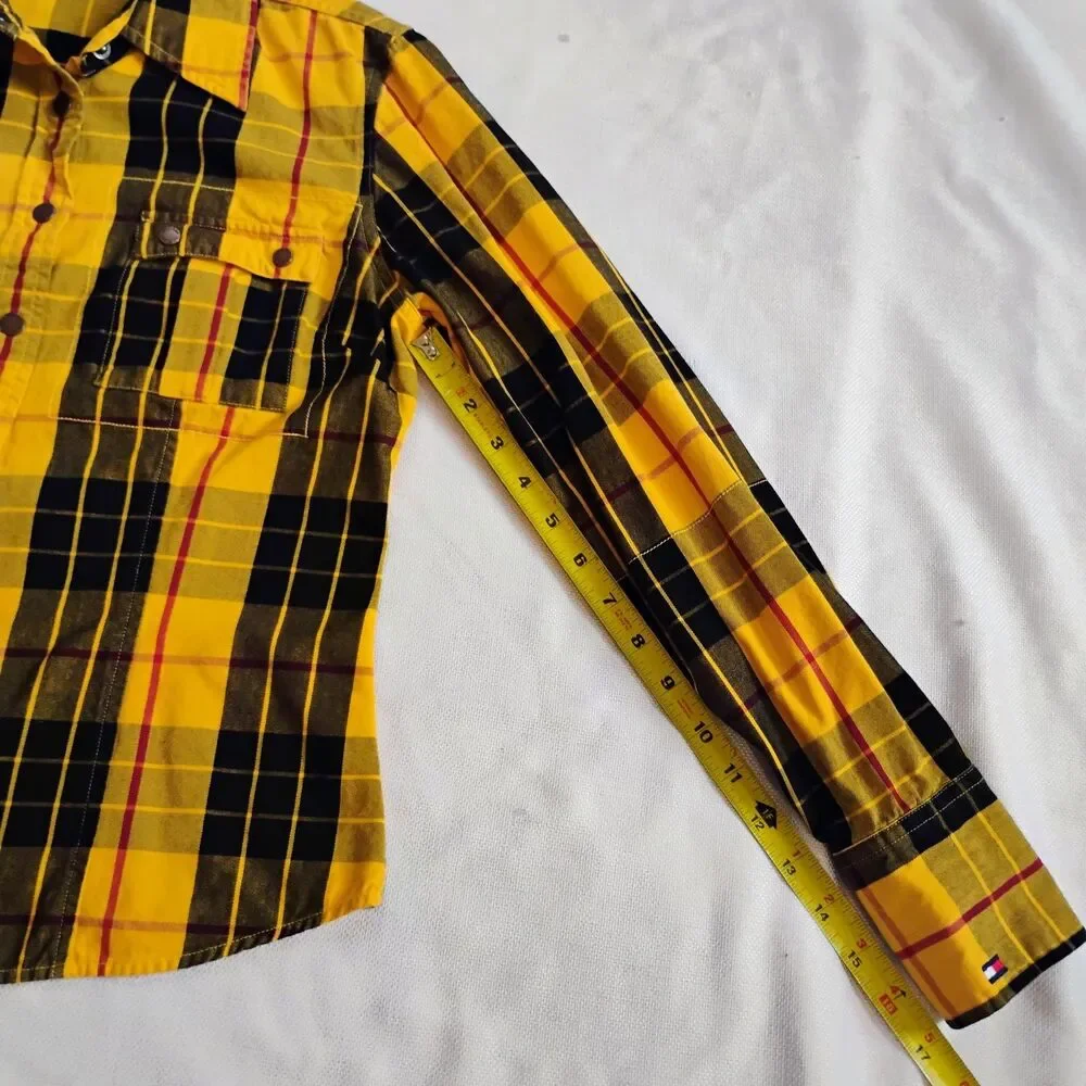 Tommy Hilfiger Y2K Yellow Plaid Flannel Shirt Small Clueless 2002 Snap Vintage - Picture 13 of 16